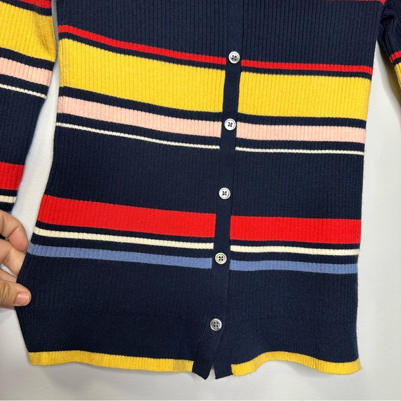 Frame Women’s Navy Multi Color Stripe Off The Shoulders Buttoned Sweater XS - Picture 8 of 12
